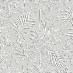 White Textured floral line art emboss tropical exotic flowers 3d seamless pattern. Relief vector background. Repeat embossed backdrop. Surface leaves, branches. 3d ornament with embossing effect