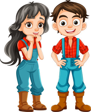 Adorable Farmer Couple in Danim Overalls Cartoon