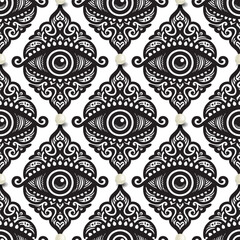 Black and white line art ornamental eyes seamless pattern with 3d pearls. Islamic amulet, symbol of protection from devil eye. Isolated Floral ornament. Endless ornate texture. For print, fabric