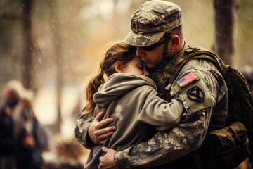 Army soldier embracing his daughter. Military family reunion - Powered by Adobe