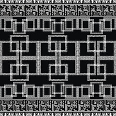 Greek ornamental black and white borders seamless pattern. Trendy vector background. Repeat ethnic backdrop. Ornate border ornaments with squares, ancient greece symbols, signs. Greek key, meanders