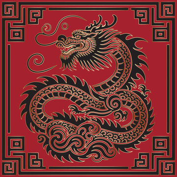Happy Chinese new year 2024 Zodiac sign, year of the Dragon. Line art drawing ornamental chinese dragon with gold outlines and square frame. Luxury ornate decorative trendy design for cards, calendar