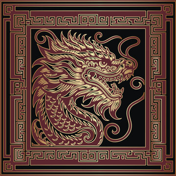 Red ornamental drawing chinese dragon with gold outlines and square chinese style frame. Beautiful decorative luxury pattern. Vector background. Trendy ornate design