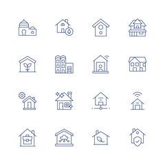 Home line icon set on transparent background with editable stroke. Containing house, eco house, smart house, home, bird house, work from home, home network, green house, building, classic house.