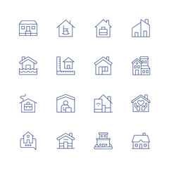 Home line icon set on transparent background with editable stroke. Containing house, flooded house, working at home, home, home automation, nursing home, retirement home, size, work from home, modern.