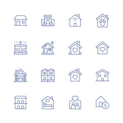 Home line icon set on transparent background with editable stroke. Containing house, home automation, wood house, retirement home, home sweet home, home, house cleaning, terraced house, accommodation.