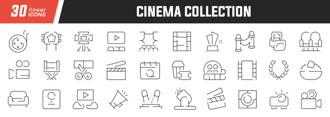 Cinema linear icons set. Collection of 30 icons in black