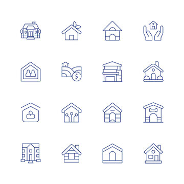 Home line icon set on transparent background with editable stroke. Containing home, shared housing, work from home, retirement home, pet house, modern house, dog house, green house, land, smart home.