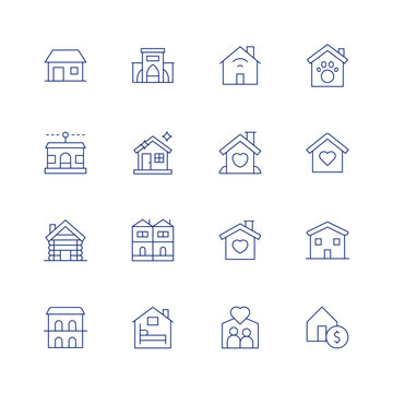 Home line icon set on transparent background with editable stroke. Containing house, home automation, wood house, retirement home, home sweet home, home, house cleaning, terraced house, accommodation.