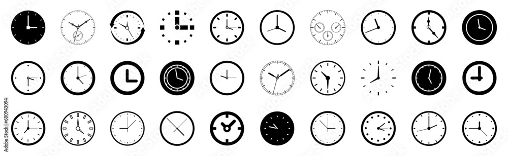 Poster black clock icon collection on a white background. deadline clock icon collection. set of stopwatch,