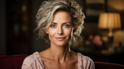 Fototapeta premium Portrait of a beautiful young woman with blond curly hair and blue eyes