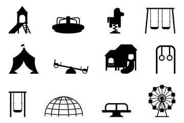 Playground silhouette collection. Kid playground equipment icons. Set of playground with a slide and swings - obrazy, fototapety, plakaty