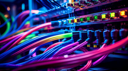 Fiber Optic cables connected to ports in a data center