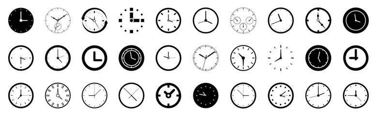 Black clock icon collection on a white background. Deadline clock icon collection. Set of stopwatch, time, clock icons