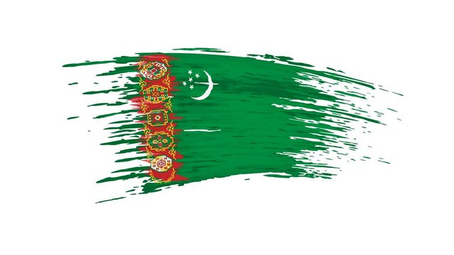 Turkmenistan flag animation. Brush painted turkmen flag, white background. Brush strokes. Turkmenistan state patriotic national banner template. Animated design element, seamless loop
