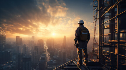 Construction Worker Overlooking Cityscape at Dawn