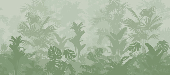 Seamless horizontal background, vector. Jungle, tropical forest with a variety of plants. Green light tones	 - 680943290