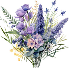 Clear Background: Grosso Lavender Floral Watercolor Illustration - obrazy, fototapety, plakaty