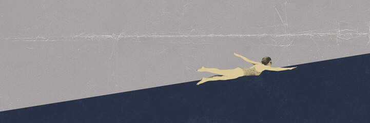 Young slim woman, athlete in swimsuit training, swimming against abstract background. Contemporary artwork. Concept of retro, vintage style, photo copy effect texture, sport, creativity, minimalism