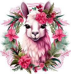 Clear Background: Whimsical Watercolor Pink Christmas Llama