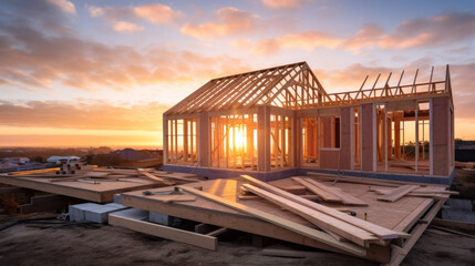 Sunset Over Partially Built House Frame on Construction Site - obrazy, fototapety, plakaty