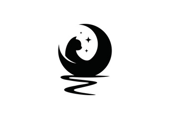 simple cat moon logo design vector illustration