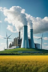 Fototapeta na wymiar Power plant on green field with blue sky and white clouds background.