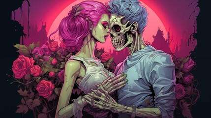 Vampire and zombie couple in love. Halloween theme. Vector illustration. 