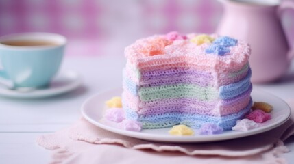 Textured pastel knitted Handcrafted crochet fantasy sweet dessert cake in pastel tones, embodying whimsy and creativity.