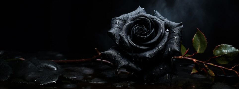 Dark mourning roses on black background, web banner. Mourning moody flowers card. Funeral symbol of grief. Mood and Condolence card concept
