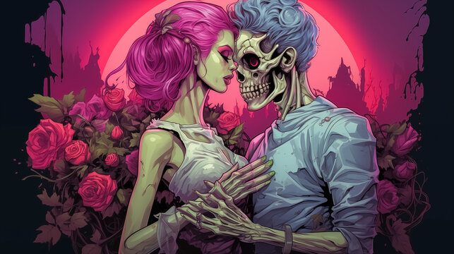 Vampire and zombie couple in love. Halloween theme. Vector illustration. 