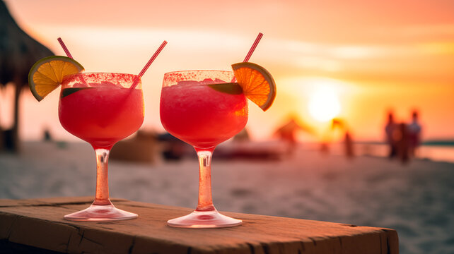 Two watermelon sex on the beach glasses of cocktail with lime slice on blur beach with sunset, sky and palm on background. High quality photo