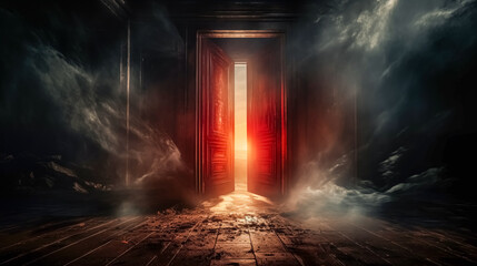 Mysterious door of an ancient temple in the dark with rays of light. Old wooden door with light rays coming through the old door. Halloween concept - obrazy, fototapety, plakaty
