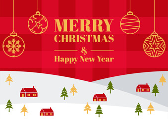 Naklejka premium Christmas poster in red, snowy shades, with house ornaments, pine trees and gold balls.