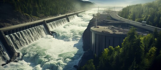 A Majestic Dam Standing Tall Over a Serene River, Glistening in the Sunlight - obrazy, fototapety, plakaty