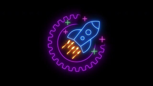 Gear with neon illustration rocket take of. The concept for launching and start up of business. Able use graphic isolated transparent background.