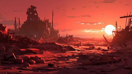 A post-apocalyptic wasteland with remnants of a once-thriving city. Digital concept, illustration painting.