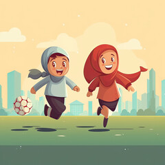 Muslim Arab children Playing Soccer Football, style children book illustration, AI Generated