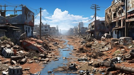 A post-apocalyptic wasteland with a lone survivor and a crumbling cityscape. Digital concept, illustration painting.