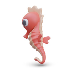 Pink seahorse with big eyes, rear view. Vector sea character in cartoon style. Cute ocean creature. Representative of underwater world, fauna. Color illustration