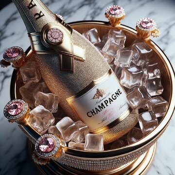 Gold bottle of champagne in pink ice cubes in a gold ice-buckets studded with pink diamonds