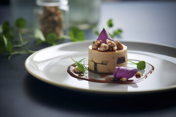 présentation d'une assiette de foie gras avec mâche et cerneaux de noix - obrazy, fototapety, plakaty