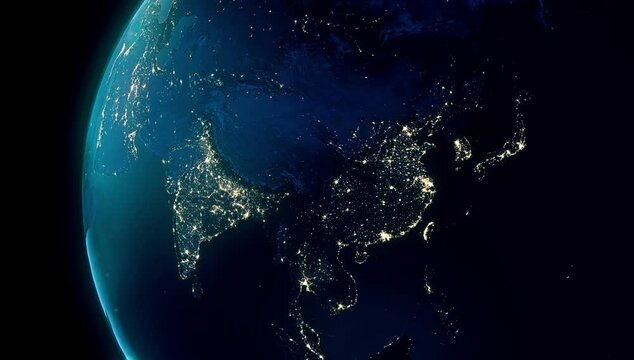 One World - night light earth globe spinning - northern hemisphere - Asia to America