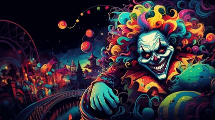 Fotobehang A nightmarish carnival with grotesque clowns and eerie attractions. Digital concept, illustration painting. © X-Poser
