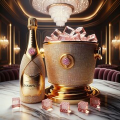 Fototapeta na wymiar Gold bottle of champagne in pink ice cubes in a gold ice-buckets studded with pink diamonds