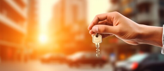 Expensive car dealer business. Automotive industry. Auto dealership office. A man holds the key to a new car in hands. Generative AI.