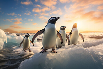 Obraz premium Adelie penguins on the snow in Antarctica, AI Generative.