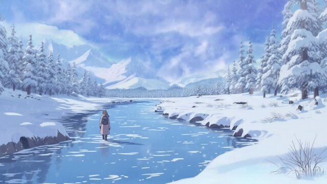Beautiful fantasy winter landscape animation background and snowfall animation background on a frozen river. seamless looping time-lapse virtual 4k video animation background. Generated with AI