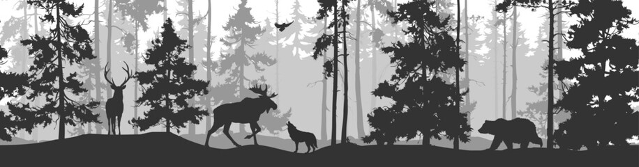 Seamless horizontal background with pine forest and animals: deer, bear, wolf, elk, owl . Animals are separate from the background, you can move and delete them. - 680945042