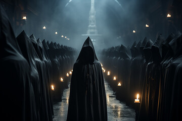 Secret society ceremony, people in hoods. Members of sect. Dark Religion and magical Occultism. Secret Society Ceremony in Dark Hall. AI - obrazy, fototapety, plakaty